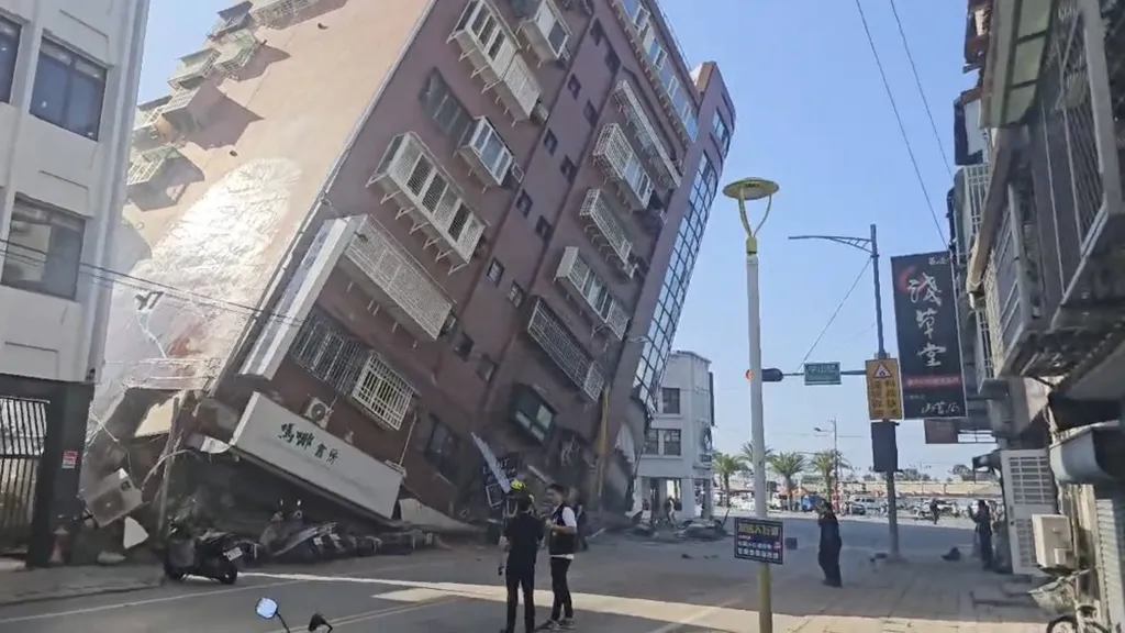 "Image depicting seismic activity in Taiwan, highlighting the impact of the recent earthquake. Buildings sway amidst the tremors, emphasizing the region's vulnerability to earthquakes